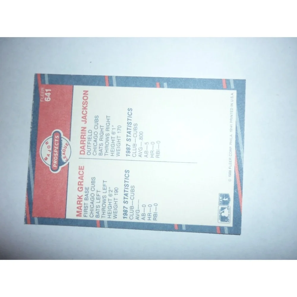 1988 Fleer 641 Mark Grace Darrin Jackson Chicago Cubs Major Prospects Card